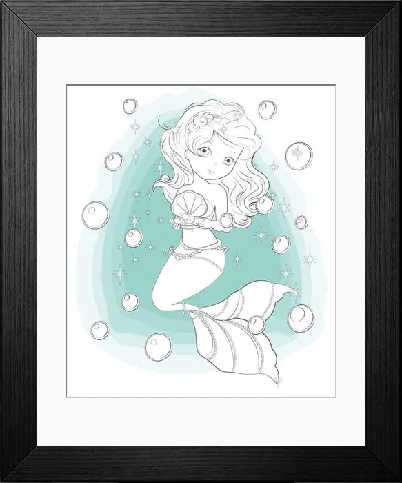 Framed Print : coloring book. beautiful, charming little mermaid princess with gift. The picture in hand drawing style, Happy birthday card Framed Print : coloring book. beautiful, charming little mermaid princess with gift. The picture in hand drawing style, Happy birthday card