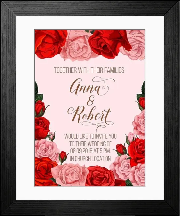 Framed Print : Wedding ceremony invitation with rose flower bouquet. Red and pink rose flower frame border with floral bud, blossom and green leaf invite poster for Framed Print : Wedding ceremony invitation with rose flower bouquet. Red and pink rose flower frame border with floral bud, blossom and green leaf invite poster for