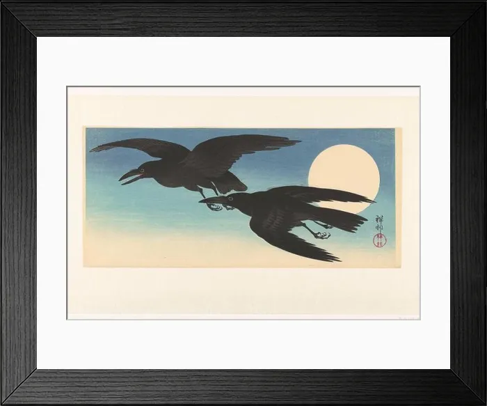 Framed Print : Crows at full moon. Two crows, flying to the left at full moon. Blue background Framed Print : Crows at full moon. Two crows, flying to the left at full moon. Blue background