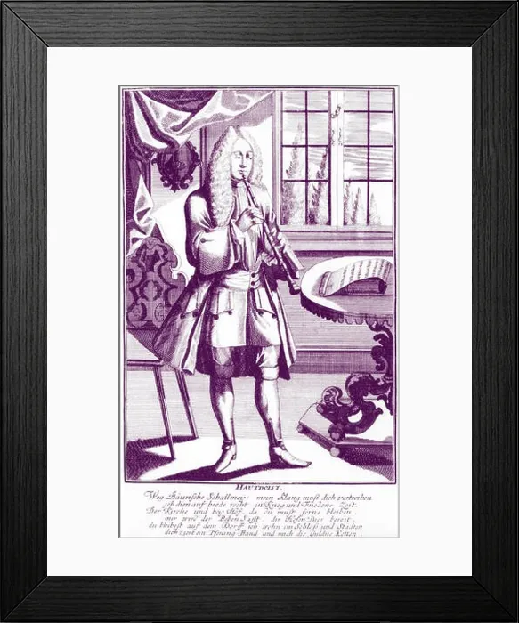 Framed Print : Baroque oboe musician - reads hautboy (or hautbois). Engraving by J C Weigel (1661-1726) from Musikalisches Theatrum'. Oboe, Baroque Framed Print : Baroque oboe musician - reads hautboy (or hautbois). Engraving by J C Weigel (1661-1726) from Musikalisches Theatrum'. Oboe, Baroque