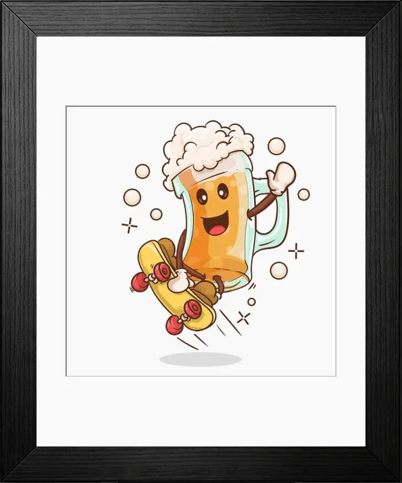 Framed Print : beer glass with kawaii cute face skate jump mascot vector illustration Framed Print : beer glass with kawaii cute face skate jump mascot vector illustration