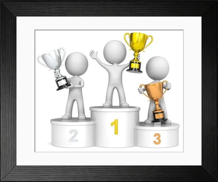 Framed Print : The dude 3D characters on winners podium holding trophies Framed Print : The dude 3D characters on winners podium holding trophies