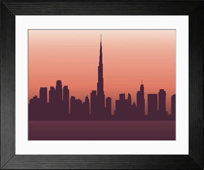 Framed Print : The city of Dubai background. UAE urban cityscape. Countour of buildings. Evening scene color wallpaper. Vector Framed Print : The city of Dubai background. UAE urban cityscape. Countour of buildings. Evening scene color wallpaper. Vector