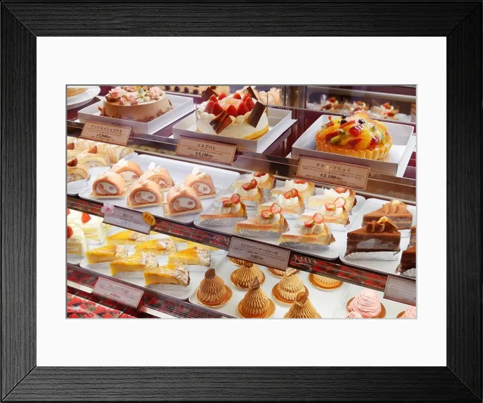 Framed Print : Pastries and cakes on display at a Japanese cafe. Tokyo, Japan Framed Print : Pastries and cakes on display at a Japanese cafe. Tokyo, Japan