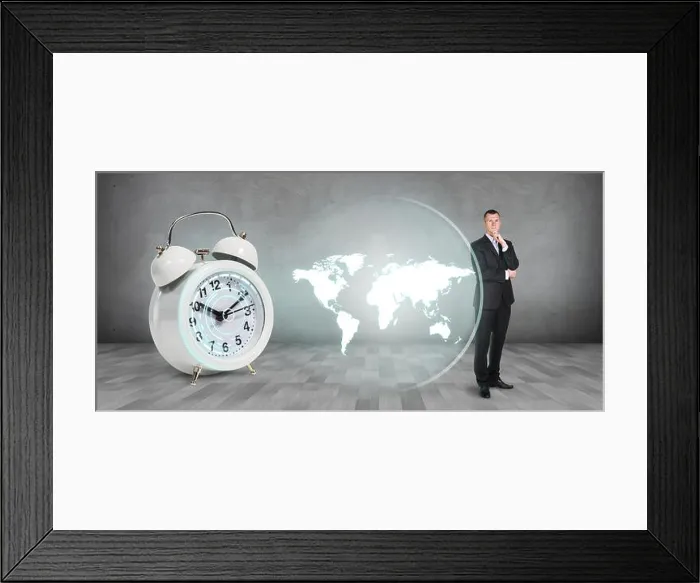 Framed Print : Classical alarm clock project world map Framed Print : Classical alarm clock project world map
