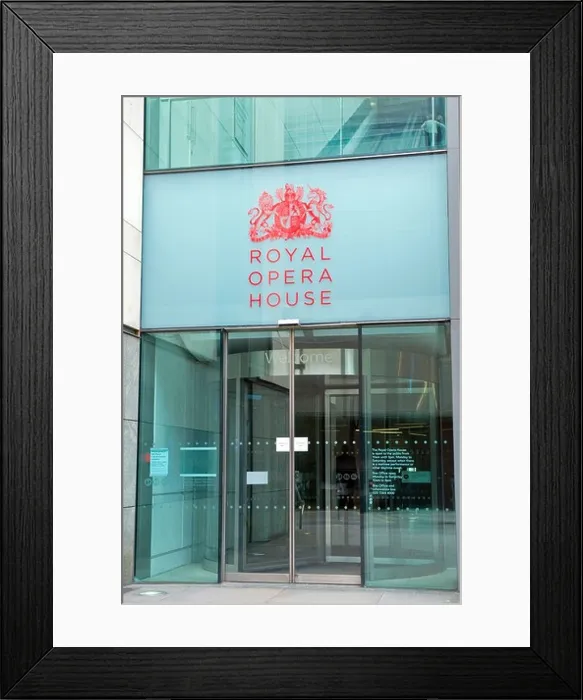 Framed Print : Covent Garden, modern contemporary glass side entrance to the Royal Opera House open for tours when no performance on Framed Print : Covent Garden, modern contemporary glass side entrance to the Royal Opera House open for tours when no performance on