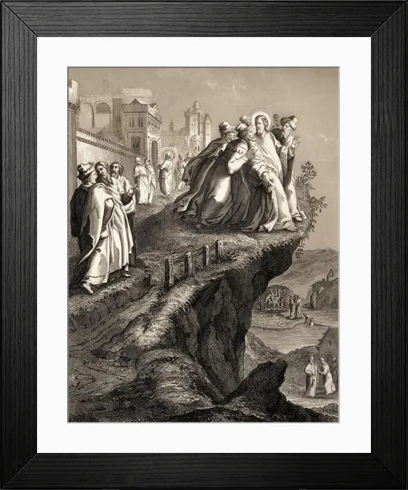 Framed Print : The attempt to throw Christ off a cliff, New Testament, steel engraving 1853, digitally restored Framed Print : The attempt to throw Christ off a cliff, New Testament, steel engraving 1853, digitally restored