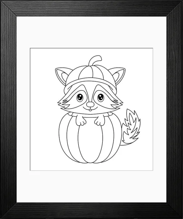 Framed Print : A raccoon in the pumpkin coloring book. Coloring page. Black and white vector illustration. Happy Halloween Framed Print : A raccoon in the pumpkin coloring book. Coloring page. Black and white vector illustration. Happy Halloween