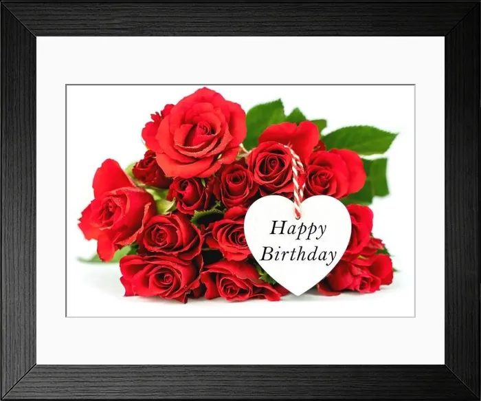 Framed Print : Beautiful red roses and white heart. Happy birthday greeting card with flowers Framed Print : Beautiful red roses and white heart. Happy birthday greeting card with flowers