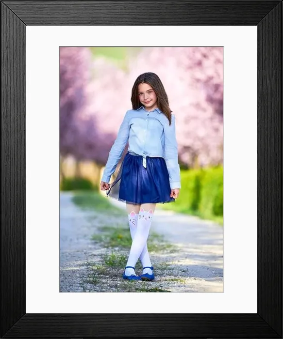 Framed Print : Happy School Girl on Alley with Blooming Trees in Spring Seasson Framed Print : Happy School Girl on Alley with Blooming Trees in Spring Seasson