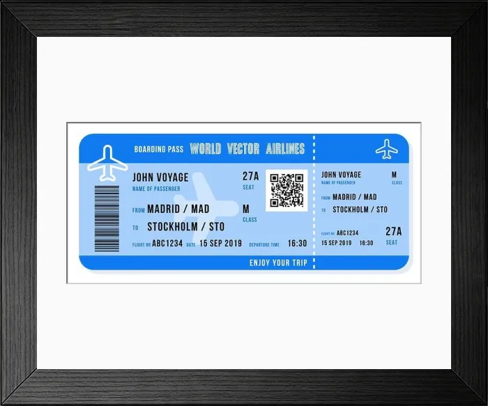 Framed Print : Boarding pass vector illustration. Airline ticket design with QR code Framed Print : Boarding pass vector illustration. Airline ticket design with QR code