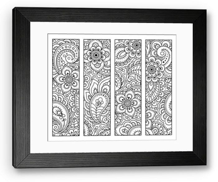 Framed Print : Bookmark for book - coloring. Set of black and white labels with floral doodle patterns, hand draw in mehndi style. Sketch of ornaments for creativity Framed Print : Bookmark for book - coloring. Set of black and white labels with floral doodle patterns, hand draw in mehndi style. Sketch of ornaments for creativity
