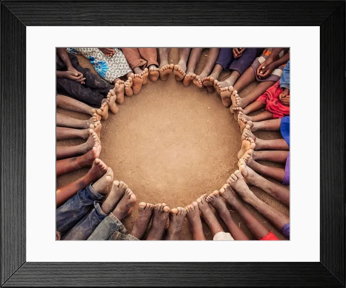 Framed Print : High angle view of circle of bare feet of children Framed Print : High angle view of circle of bare feet of children