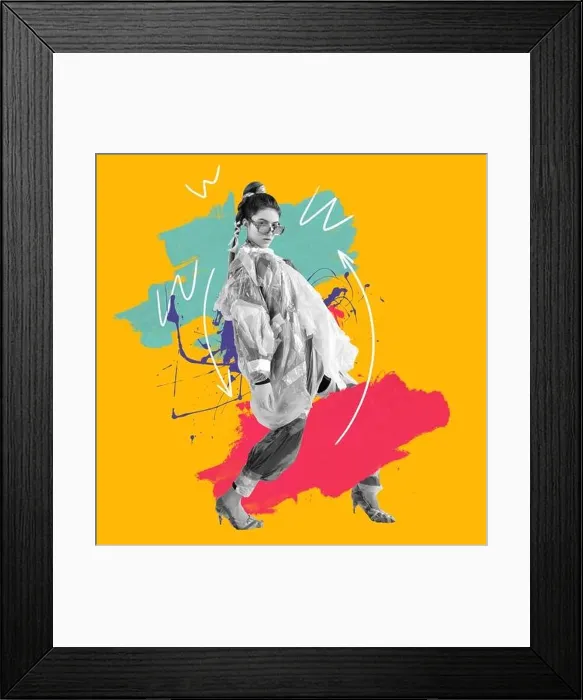 Framed Print : Contemporary design. Young beautiful female fashion model in clothes made of plastic bags over orange background Framed Print : Contemporary design. Young beautiful female fashion model in clothes made of plastic bags over orange background