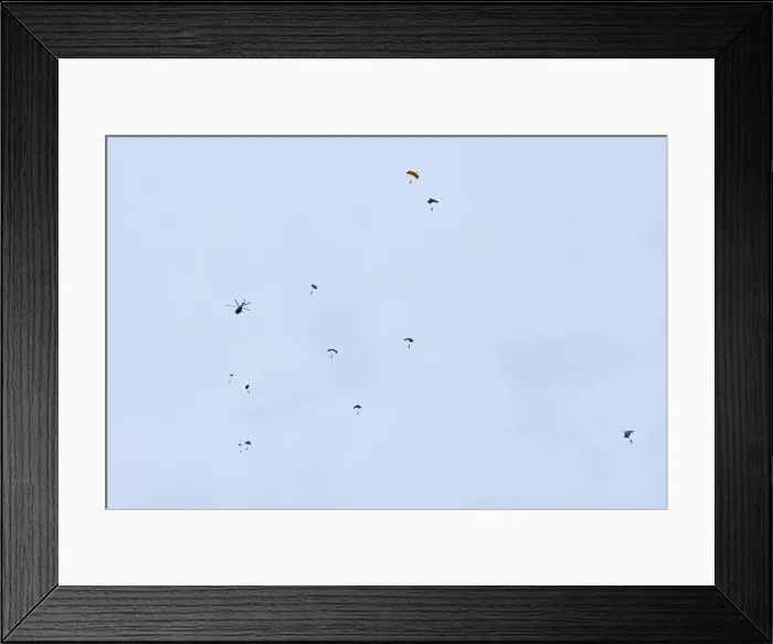 Framed Print : Airborne forces paratroopers soaring holding Flag of Russia and flags of military units, military exercise for celebration of Airborne Forces Day with Framed Print : Airborne forces paratroopers soaring holding Flag of Russia and flags of military units, military exercise for celebration of Airborne Forces Day with
