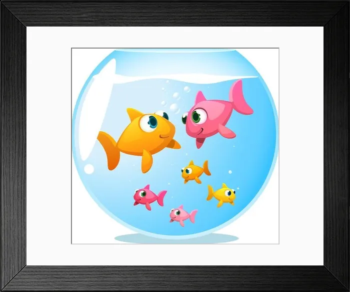 Framed Print : Goldfish happy family, with mother fish and father fish staring at each other and 4 baby fish playing under them vector illustration Framed Print : Goldfish happy family, with mother fish and father fish staring at each other and 4 baby fish playing under them vector illustration