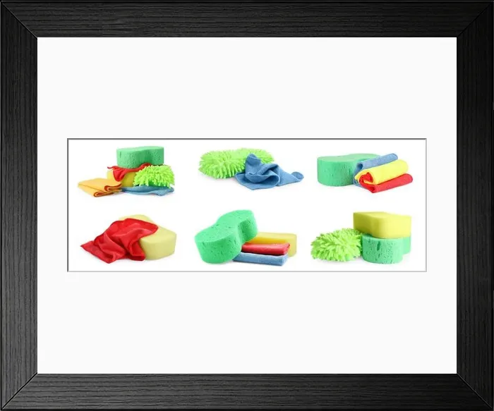 Framed Print : Set with sponges and rags on white background. Car products Framed Print : Set with sponges and rags on white background. Car products