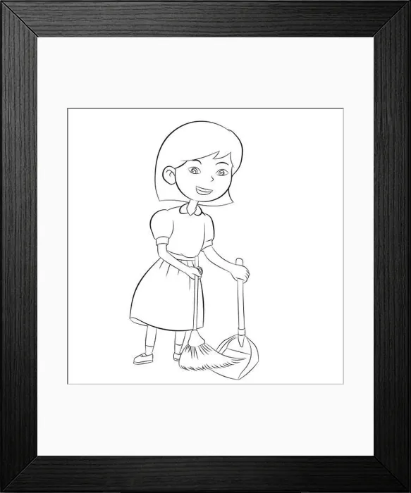 Framed Print : Good girl sweeping with broom to clean home, Coloring book design for kids and children. Hand drawn illustration Framed Print : Good girl sweeping with broom to clean home, Coloring book design for kids and children. Hand drawn illustration