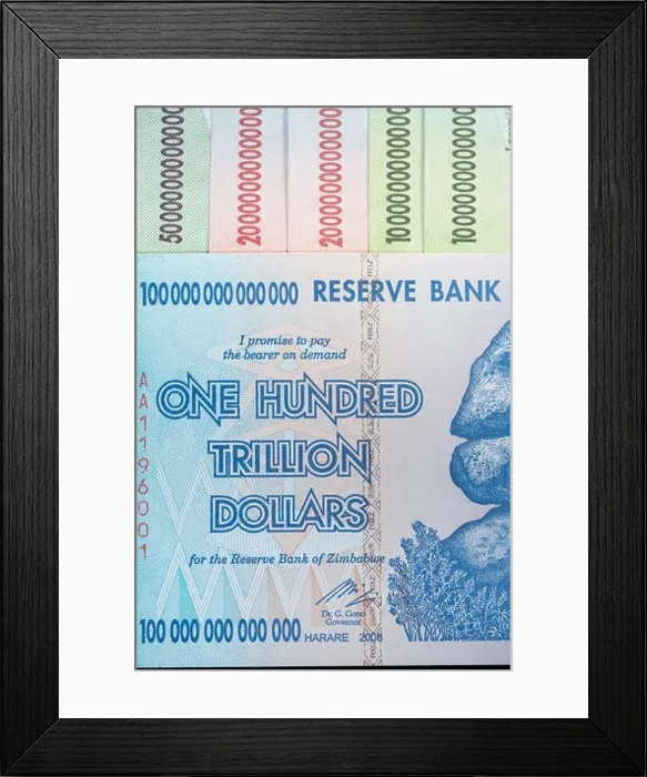 Framed Print : Hyperinflation - 100 Trillion Dollar Zimbabwe banknote from 2008. Largest denomination bill printed. Metaphor for hyper inflation & Zimbabwe's economy Framed Print : Hyperinflation - 100 Trillion Dollar Zimbabwe banknote from 2008. Largest denomination bill printed. Metaphor for hyper inflation & Zimbabwe's economy
