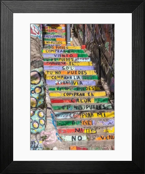 Framed Print : Valparaiso, Chile - Dec 5, 2022: Stairs with graffiti on a steep street of Valparaiso, which has been declared as a World Heritage Site by UNESCO Framed Print : Valparaiso, Chile - Dec 5, 2022: Stairs with graffiti on a steep street of Valparaiso, which has been declared as a World Heritage Site by UNESCO