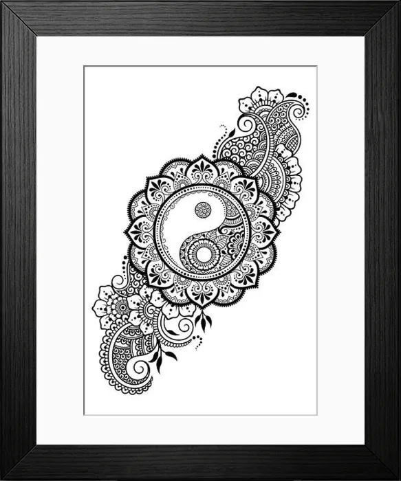 Framed Print : Circular pattern in form of mandala for Henna, Mehndi, tattoo, decoration. Decorative ornament in ethnic oriental style with Yin-yang hand drawn symbo Framed Print : Circular pattern in form of mandala for Henna, Mehndi, tattoo, decoration. Decorative ornament in ethnic oriental style with Yin-yang hand drawn symbo
