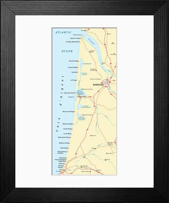 Framed Print : Map Cote d Argent, French coastal strip on the Atlantic Ocean Framed Print : Map Cote d Argent, French coastal strip on the Atlantic Ocean