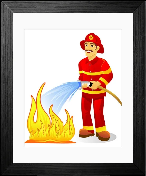 Framed Print : fireman with hose putting out fire Framed Print : fireman with hose putting out fire