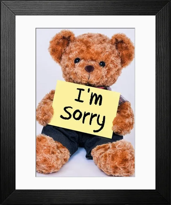 Framed Print : Cute teddy bear holding a yellow sign that reads I'm Sorry isolated on a white background Framed Print : Cute teddy bear holding a yellow sign that reads I'm Sorry isolated on a white background