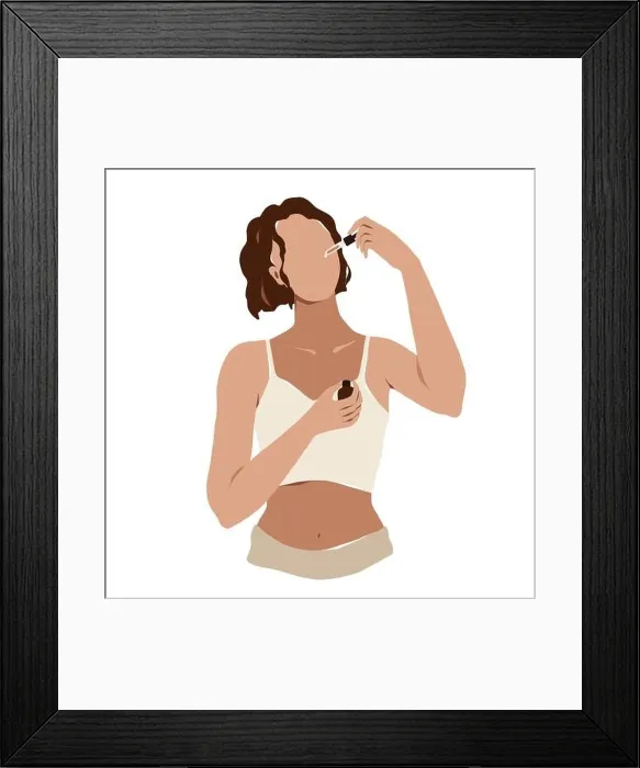 Framed Print : Woman applying serum on her face with a pipette. Facial skin care ritual. Young attractive caucasian women apply skincare treatment, abstract vector Framed Print : Woman applying serum on her face with a pipette. Facial skin care ritual. Young attractive caucasian women apply skincare treatment, abstract vector
