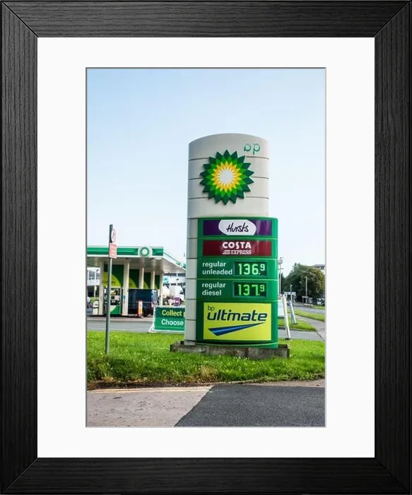 Framed Print : BP fuel station price board showing live leaded and unleaded fuel prices Framed Print : BP fuel station price board showing live leaded and unleaded fuel prices