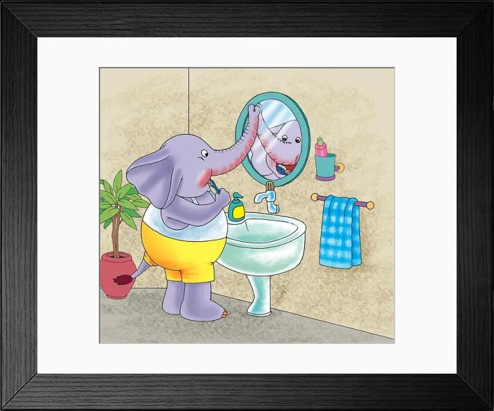 Framed Print : Little elephant brushing teeth in bathroom Framed Print : Little elephant brushing teeth in bathroom
