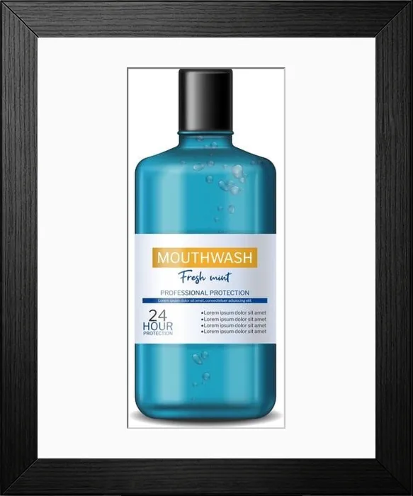 Framed Print : Mouthwash fresh mint Vector realistic. Product placement bottle label design Framed Print : Mouthwash fresh mint Vector realistic. Product placement bottle label design