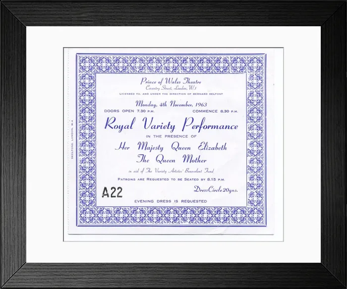 Framed Print : 000761 - The Beatles Royal Variety Performance Ticket from 4th November 1963 Framed Print : 000761 - The Beatles Royal Variety Performance Ticket from 4th November 1963