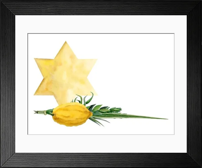 Framed Print : Jewish symbolic plants for Sukkot holiday with yellow gold star of David watercolor illustration. Four species Framed Print : Jewish symbolic plants for Sukkot holiday with yellow gold star of David watercolor illustration. Four species