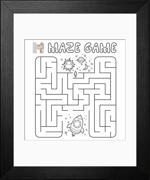Framed Print : Maze puzzle game for children. Outline maze or labyrinth game with rocket. Vector illustrations Framed Print : Maze puzzle game for children. Outline maze or labyrinth game with rocket. Vector illustrations
