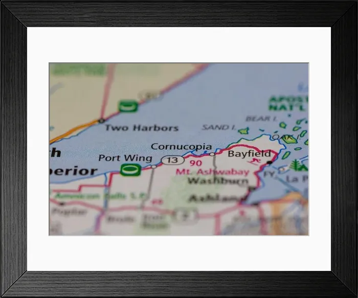 Framed Print : Cornucopia Wisconsin USA shown on a road map or Geography map Framed Print : Cornucopia Wisconsin USA shown on a road map or Geography map