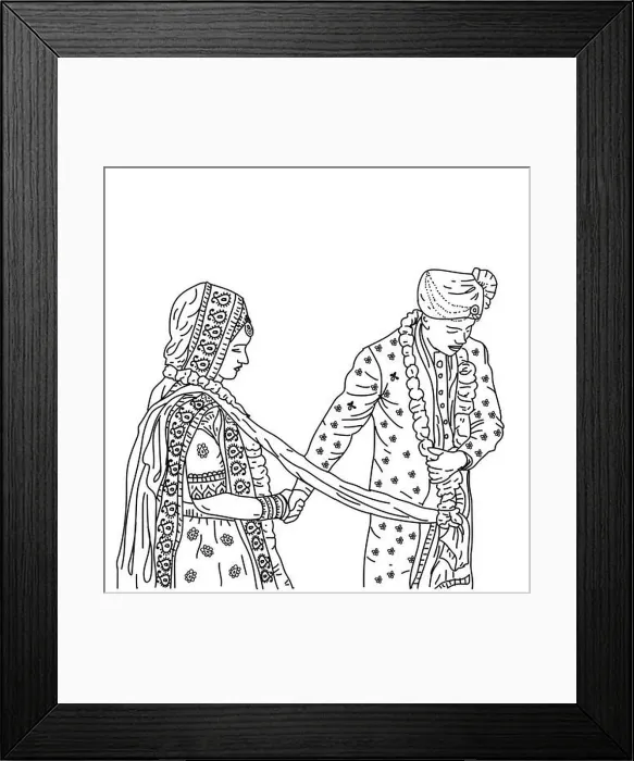 Framed Print : beautiful Indian couple in wedding Satphera ceremony. vector illustration drawing Framed Print : beautiful Indian couple in wedding Satphera ceremony. vector illustration drawing