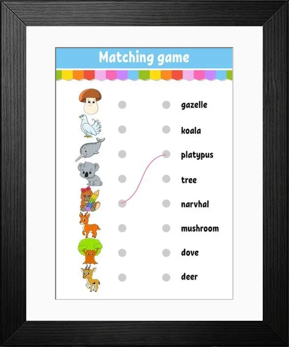 Framed Print : Matching game for kids. Learn English words. Education developing worksheet. Color activity page. Cartoon character Framed Print : Matching game for kids. Learn English words. Education developing worksheet. Color activity page. Cartoon character