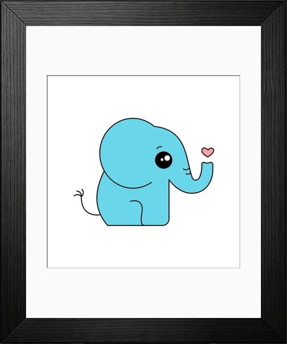 Framed Print : Cute blue elephant side view. Funny animal cartoon character. Elephant sitting. Kawaii. Baby elephant with heart. Childish drawing with outline.Vector Framed Print : Cute blue elephant side view. Funny animal cartoon character. Elephant sitting. Kawaii. Baby elephant with heart. Childish drawing with outline.Vector