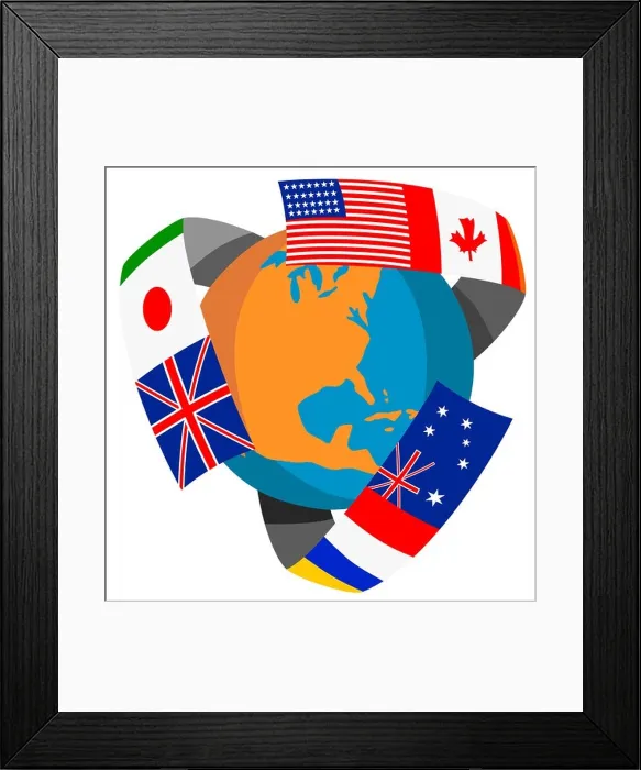 Framed Print : Illustration of a globe with world flags surrounding it isolated on white background done in retro style Framed Print : Illustration of a globe with world flags surrounding it isolated on white background done in retro style