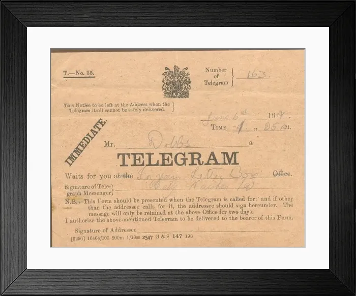Framed Print : Immediate Telegram form with message for recipient of telegram's arrival 1919 Framed Print : Immediate Telegram form with message for recipient of telegram's arrival 1919