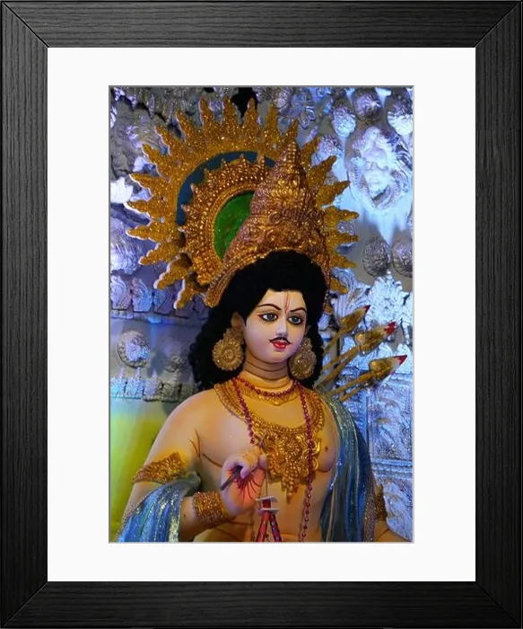 Framed Print : Hindu festival Durgotsab picture. The face of Goddess Kartik. It is a sculpture made by the artist with clay and straw Framed Print : Hindu festival Durgotsab picture. The face of Goddess Kartik. It is a sculpture made by the artist with clay and straw