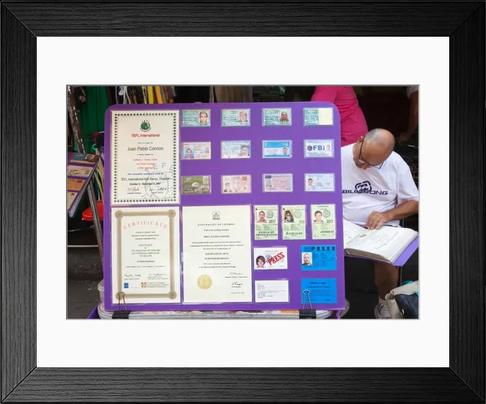 Framed Print : Thailand, Bangkok, Khaosan Road, Fake ID and Document Vendor's Display Framed Print : Thailand, Bangkok, Khaosan Road, Fake ID and Document Vendor's Display