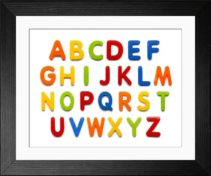 Framed Print : Magnetic Plastic Alphabet colorful ABC Letters Isolated on White Background Framed Print : Magnetic Plastic Alphabet colorful ABC Letters Isolated on White Background