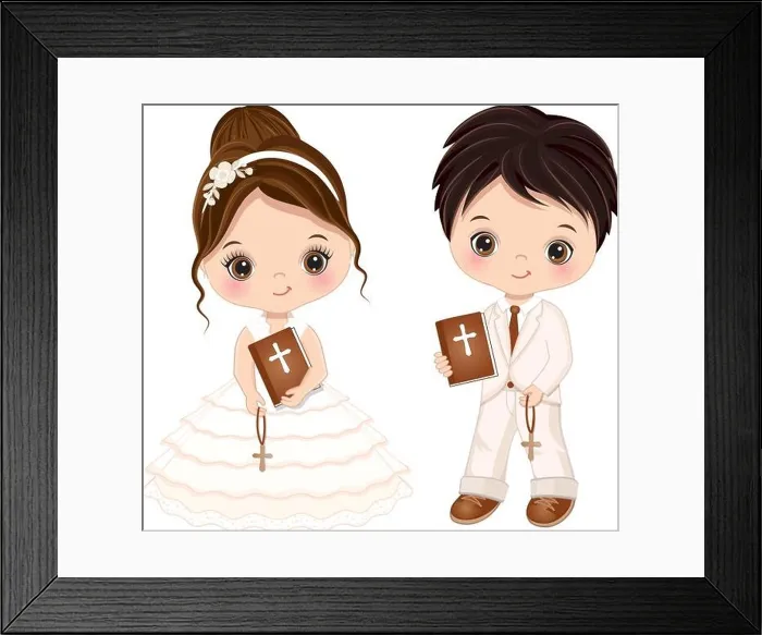 Framed Print : First Communion for Kids. Vector 1st Communion for Cute Little Girl and Boy Framed Print : First Communion for Kids. Vector 1st Communion for Cute Little Girl and Boy