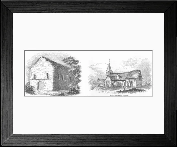 Framed Print : CHURCHES: St Marys Chapel, Kingston; Church, Greensted, antique print 1845 Framed Print : CHURCHES: St Marys Chapel, Kingston; Church, Greensted, antique print 1845