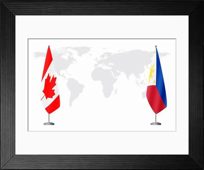 Framed Print : Canada and Philippines flags for official meeting against background of world map Framed Print : Canada and Philippines flags for official meeting against background of world map