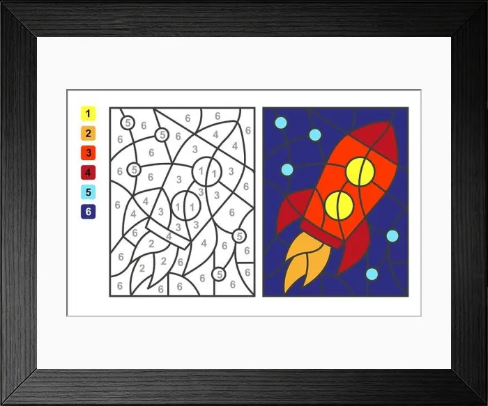 Framed Print : Vector coloring page Color by numbers rocket. Puzzle game for children education and activities Framed Print : Vector coloring page Color by numbers rocket. Puzzle game for children education and activities
