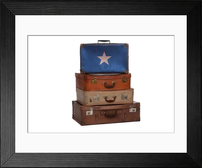 Framed Print : Somalia, Somalian travel concept. Group of vintage suitcases isolated on white background Framed Print : Somalia, Somalian travel concept. Group of vintage suitcases isolated on white background