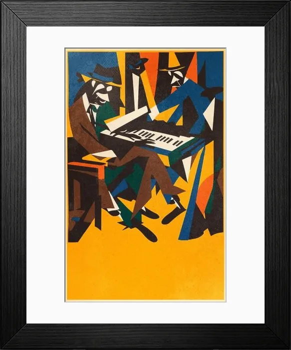 Framed Print : A jazz group with a man playing piano, jazz poster template, extremely sharp shapes Framed Print : A jazz group with a man playing piano, jazz poster template, extremely sharp shapes